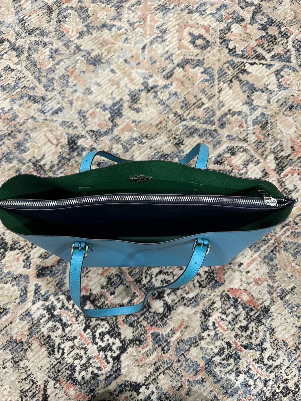 Coach Mollie Tote in Pebbled Leather – Blue with Green Large tote 1671